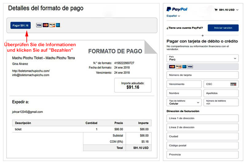 Paypal Rechnung Ticket Machu Picchu