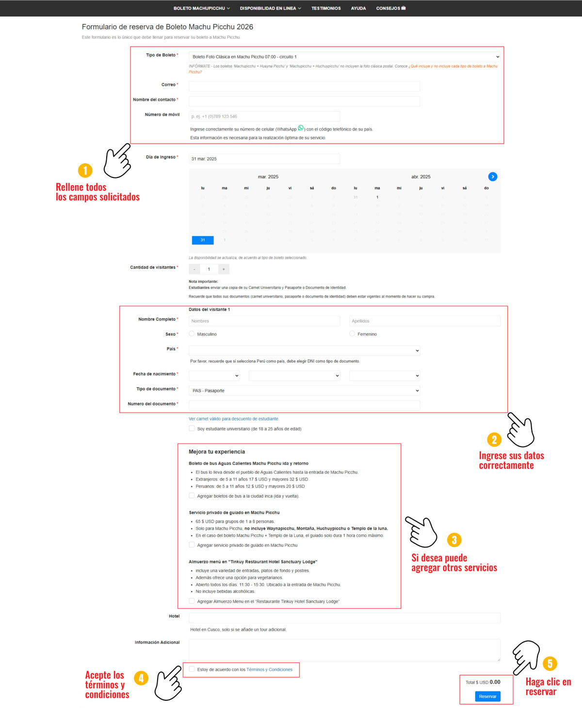 Machu Picchu Ticket-Reservierungsformular
